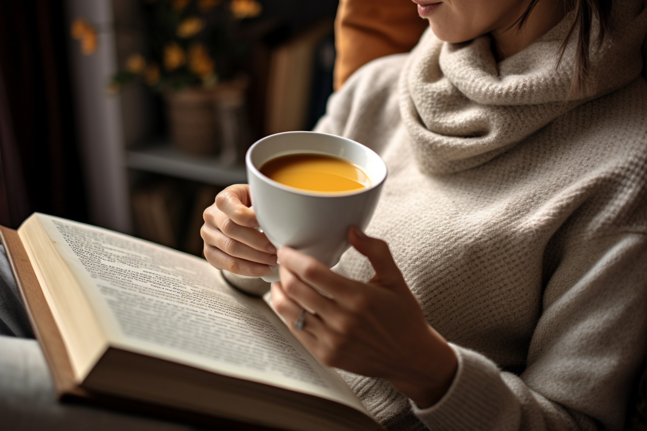 Photo of person relaxing at home with tea and book