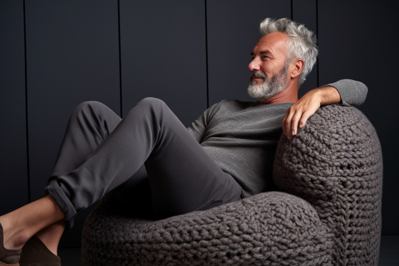 Smiling man relaxes in armchair with foot on ottoman