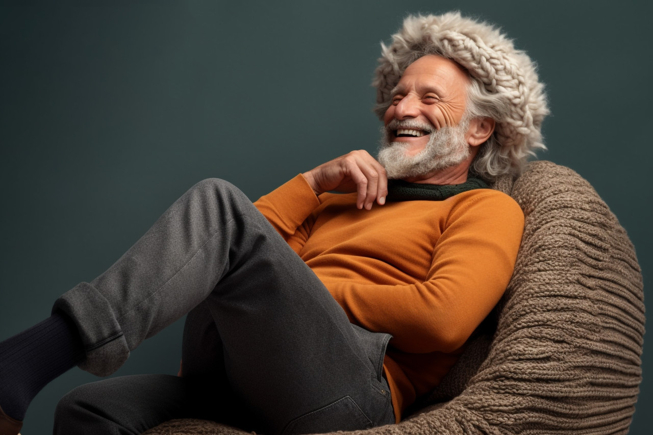 Smiling man relaxes in armchair with foot on ottoman