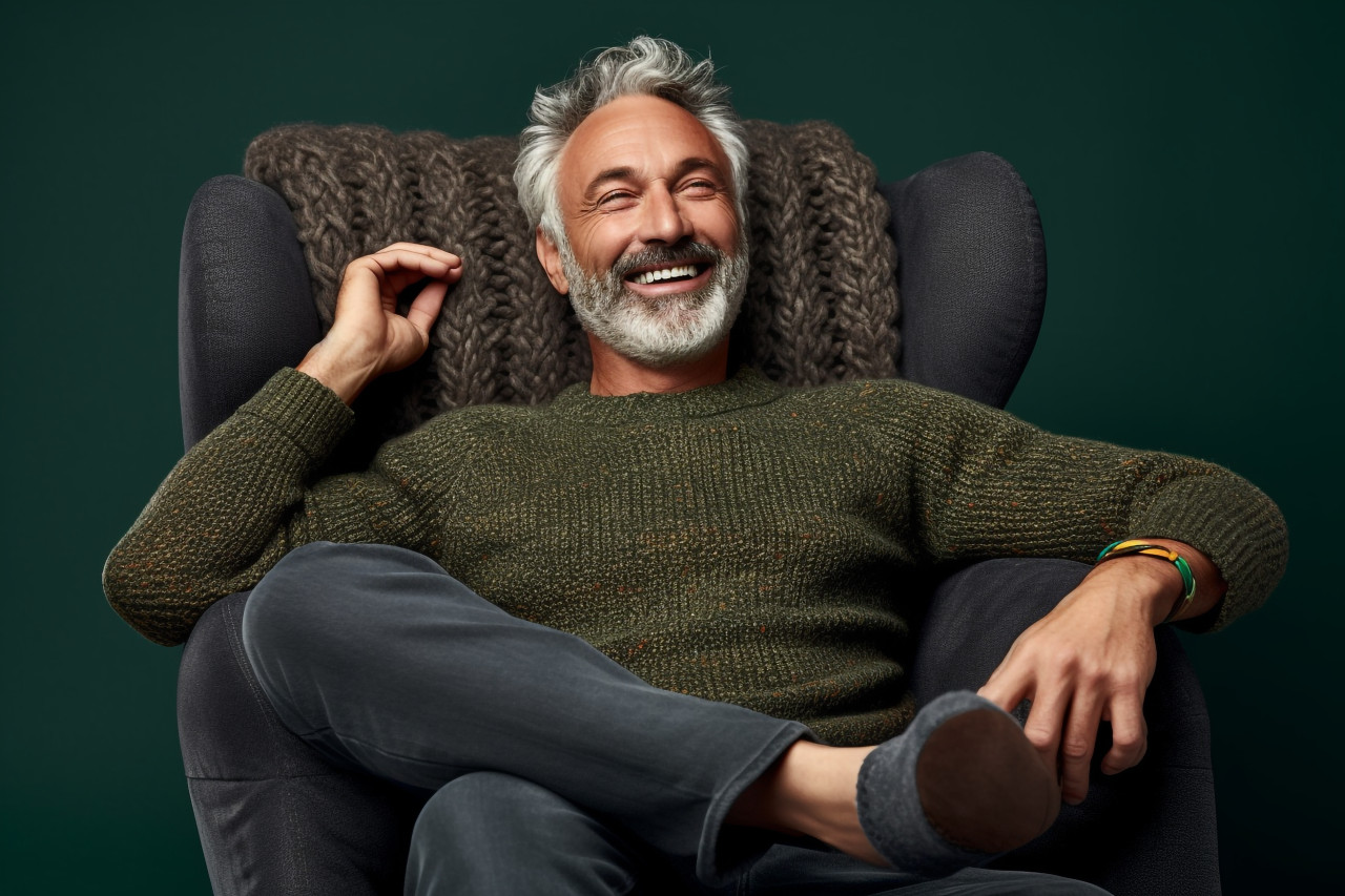 Smiling man relaxes in armchair with foot on ottoman