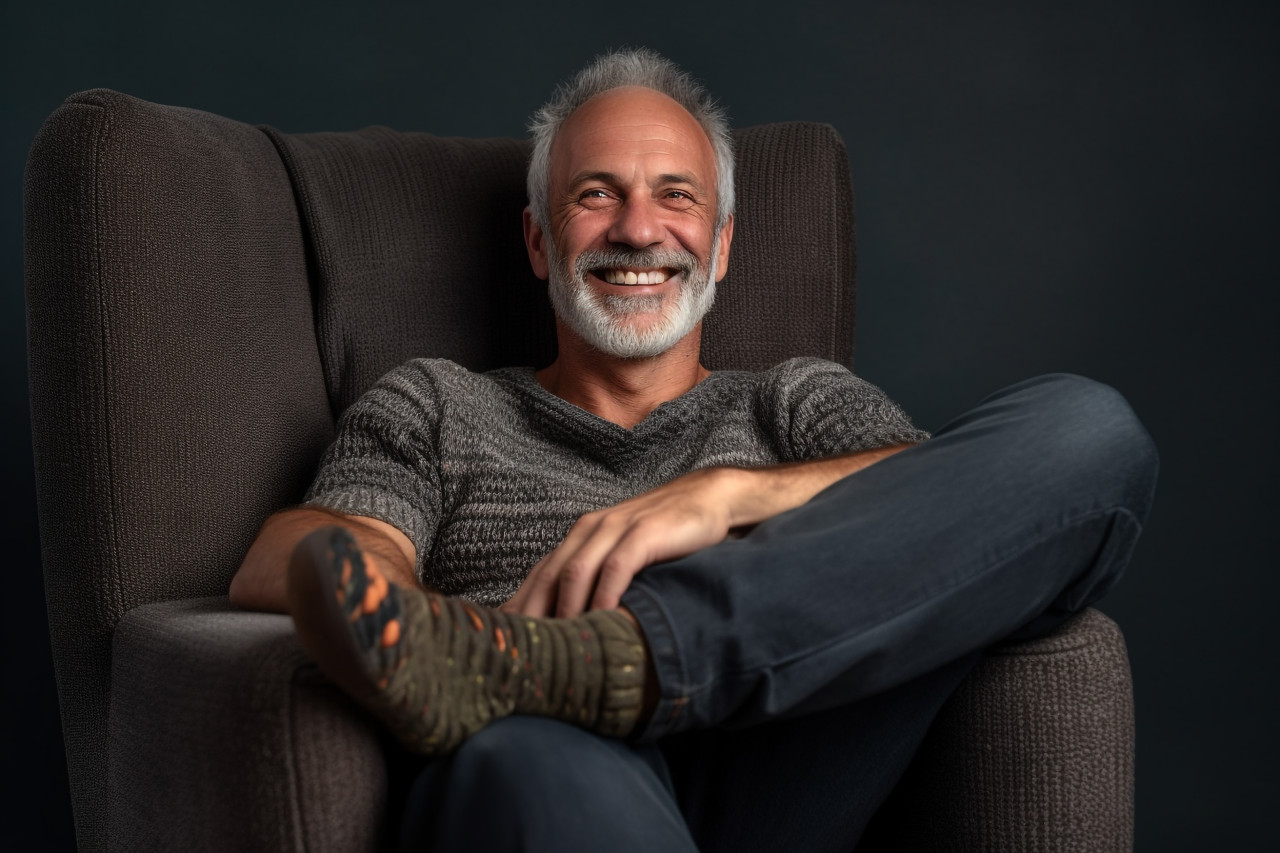 Smiling man relaxes in armchair with foot on ottoman