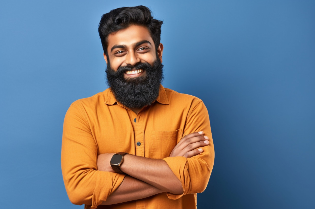 Confident happy young indian man in blue shirt arms crossed orange background studio portrait