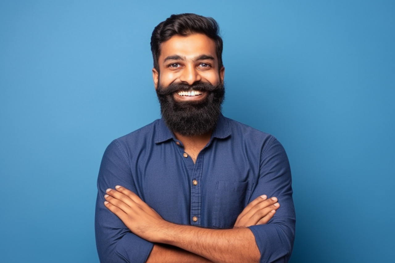 Confident happy young indian man in blue shirt arms crossed orange background studio portrait