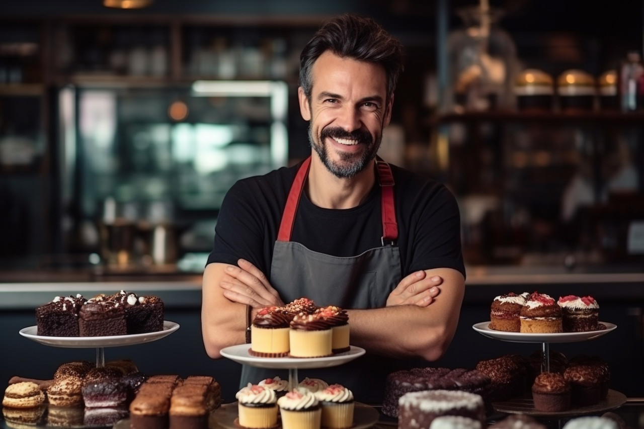 Male coffee shop owner standing near display case with cakes and desserts