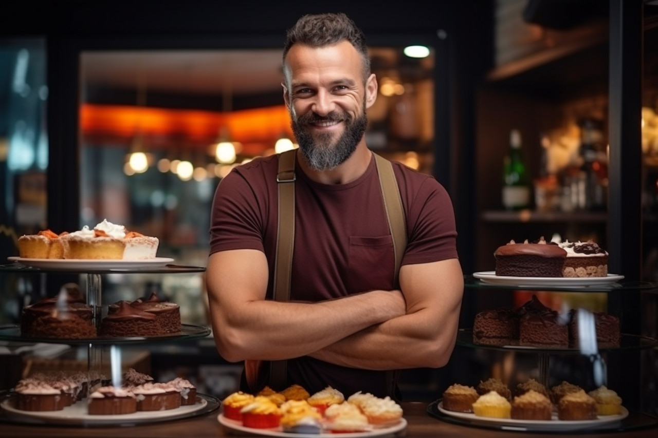 Male coffee shop owner standing near display case with cakes and desserts