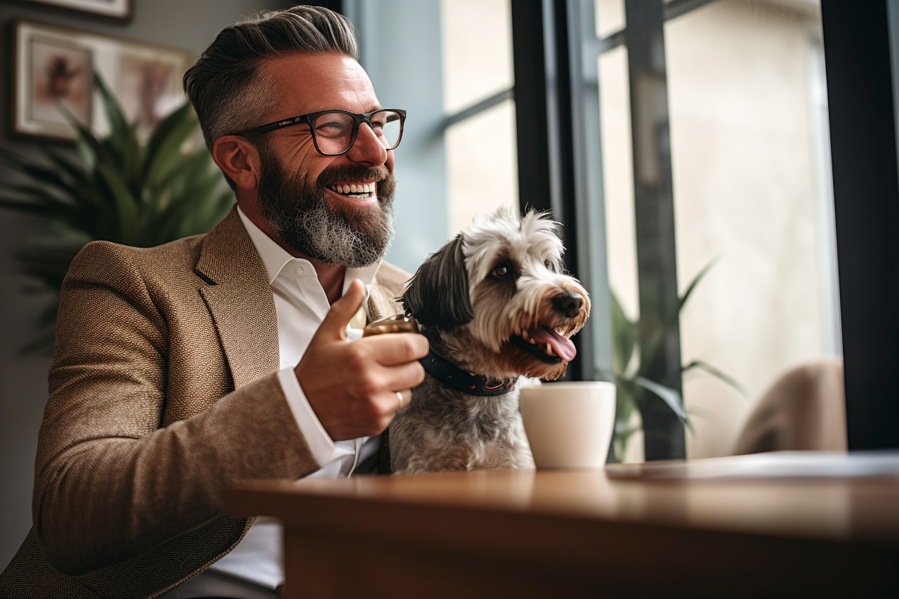 Businessman drinking coffee and feeding dog at home