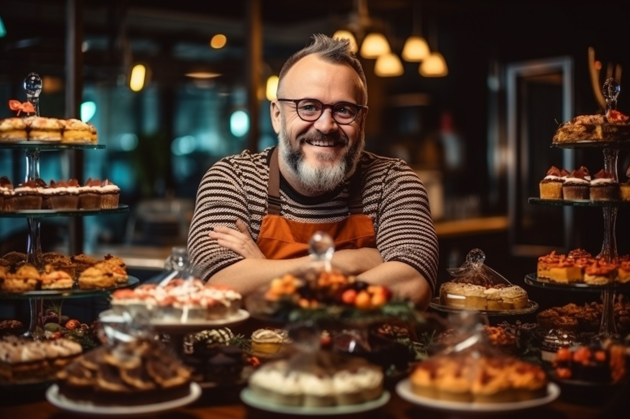 Male coffee shop owner standing near display case with cakes and desserts