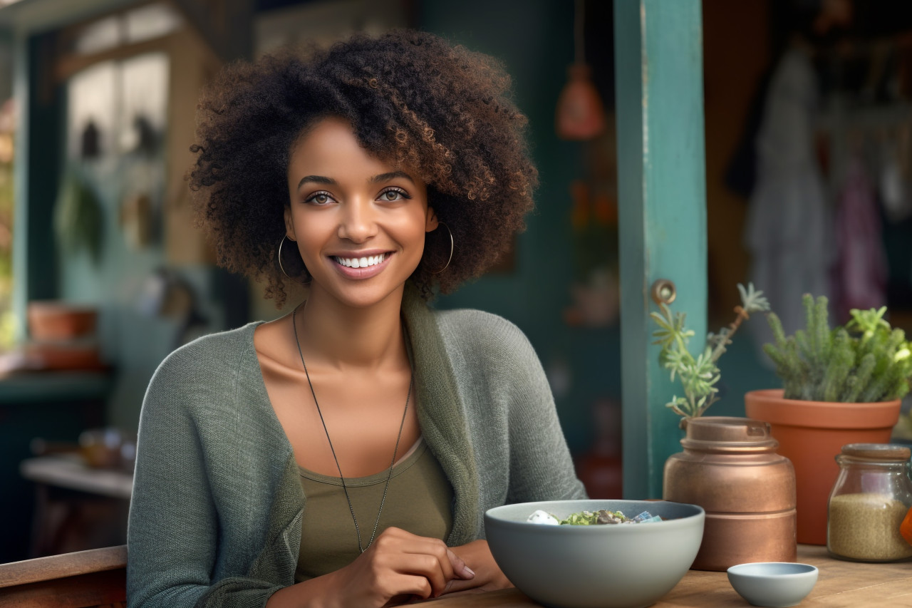 A photo of a pretty black woman giving food on her porch