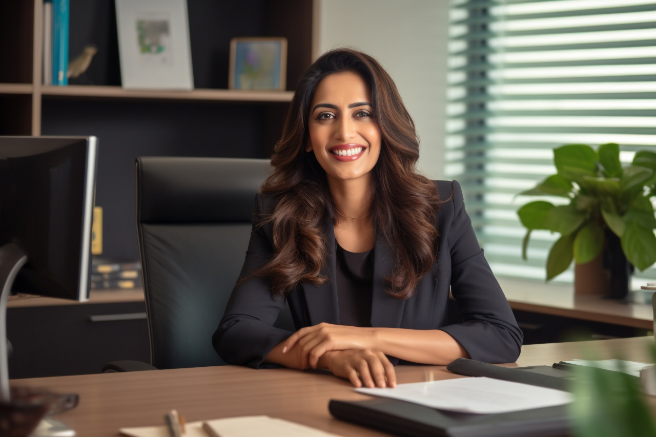 Confident indian businesswoman posing at desk in modern home office