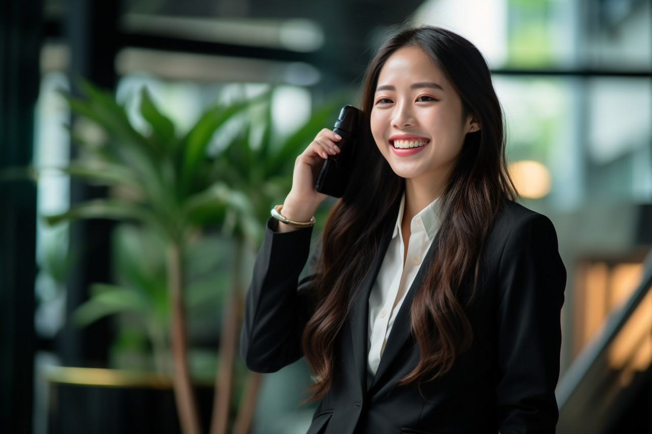 Happy asian businesswoman working in office