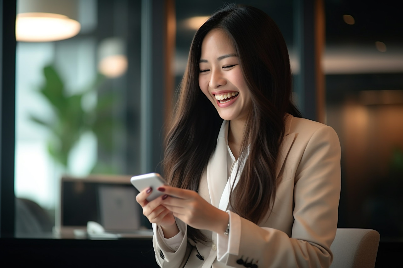 Happy asian businesswoman working in office
