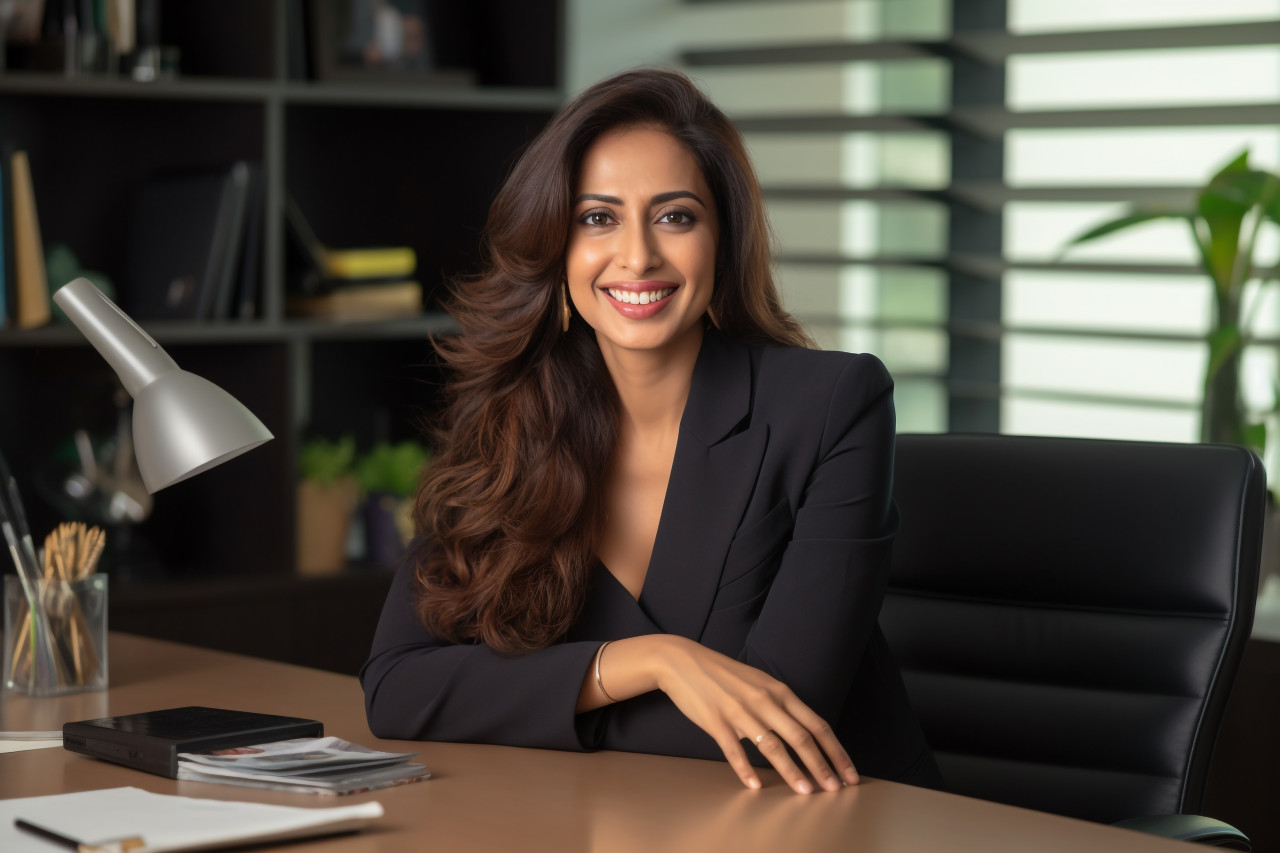 Confident indian businesswoman posing at desk in modern home office