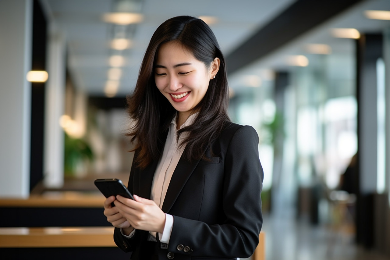 Happy asian businesswoman working in office