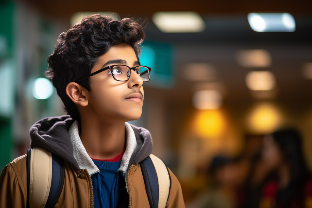 Young indian student working on laptop in office deep in thought