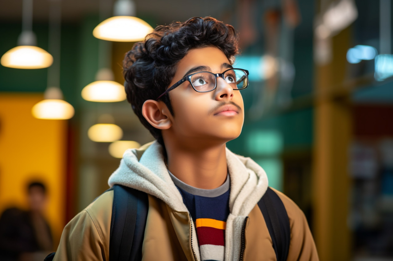 Young indian student working on laptop in office deep in thought