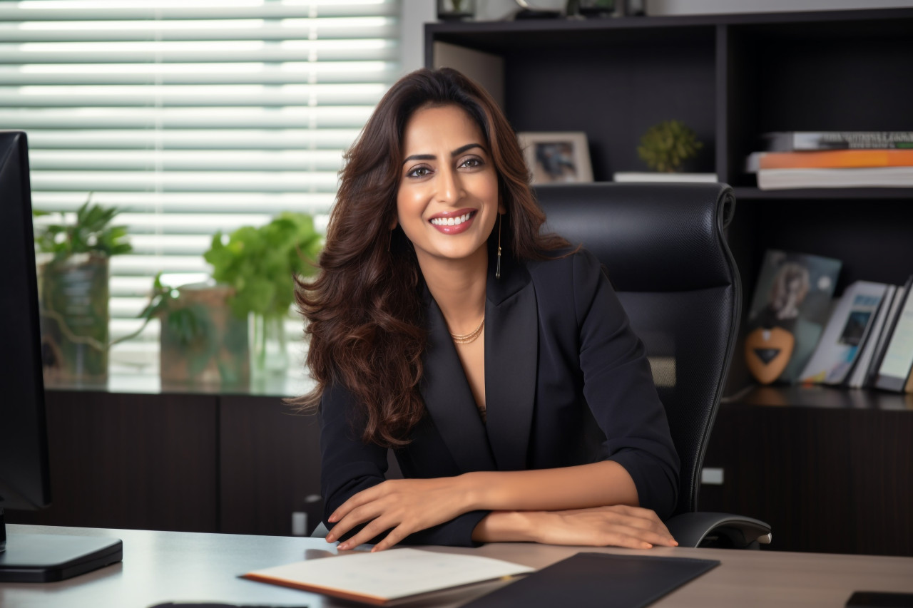 Confident indian businesswoman posing at desk in modern home office