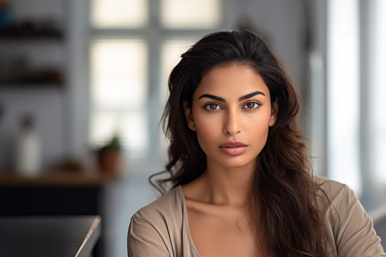 Photo of happy young indian woman in kitchen