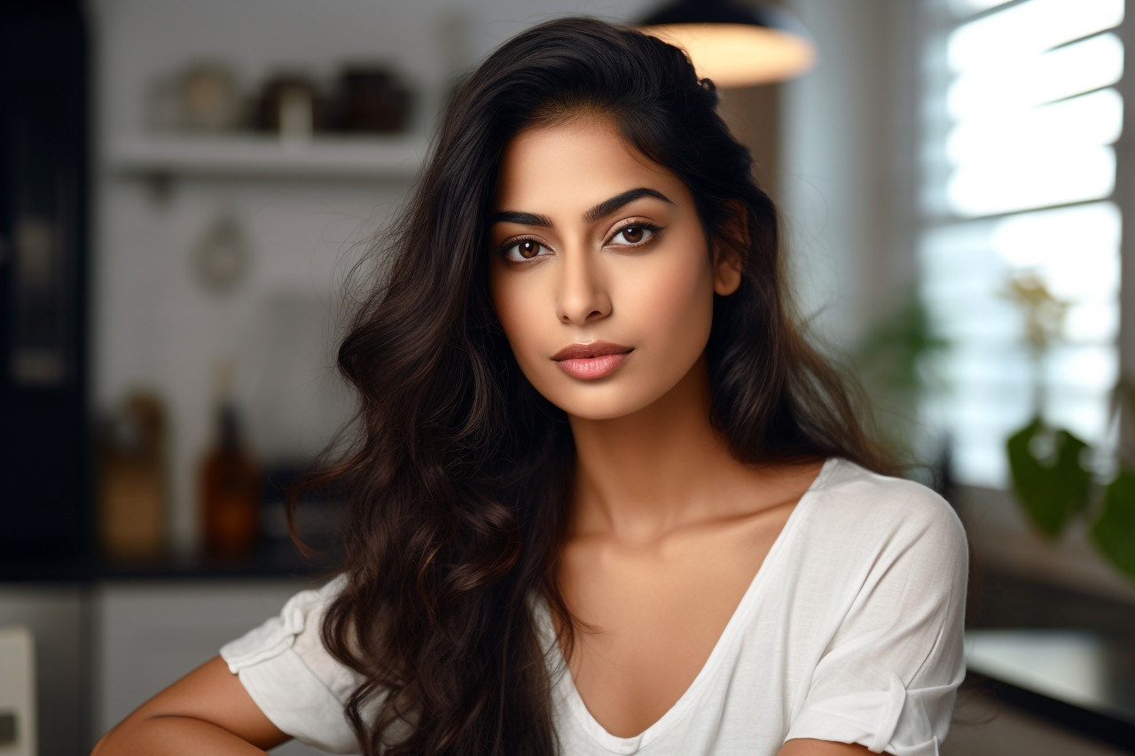 Photo of happy young indian woman in kitchen