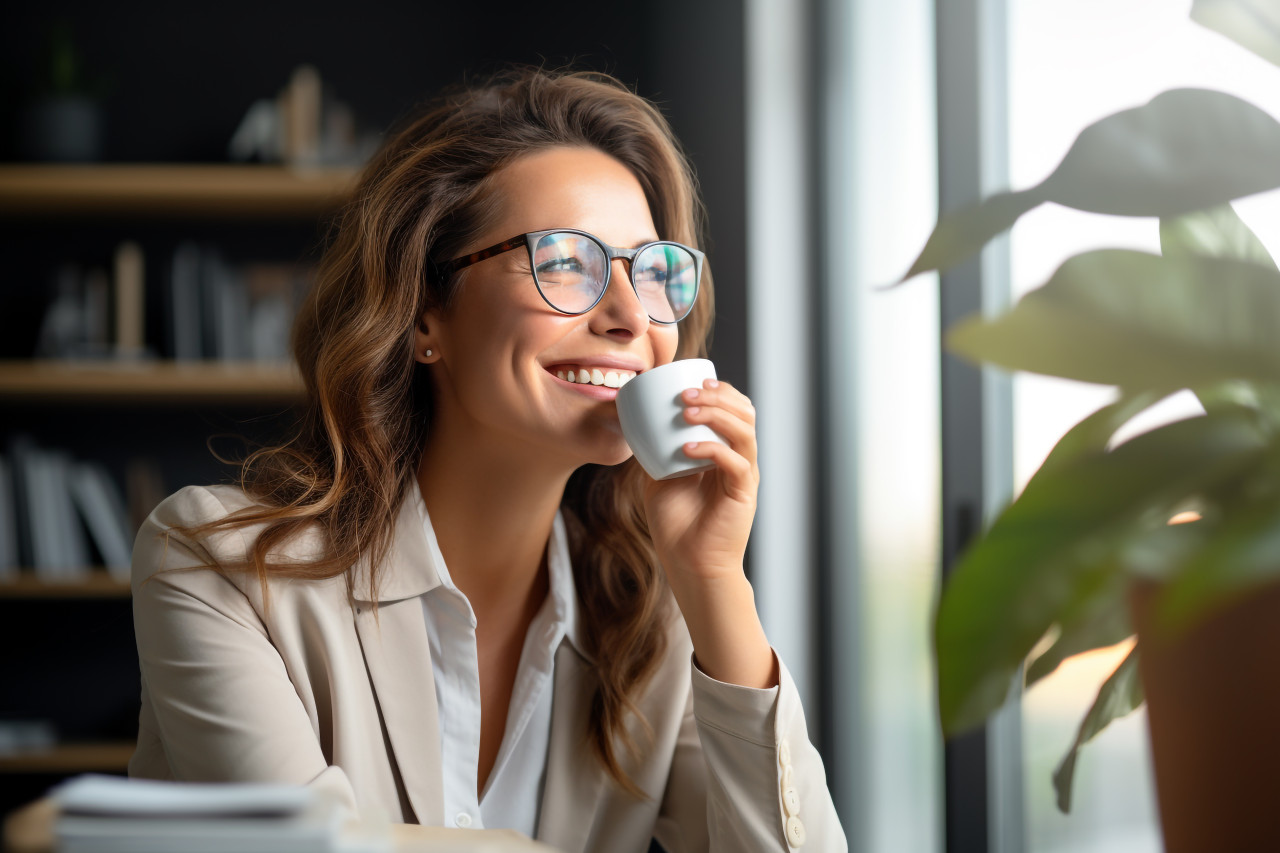 Happy woman drinking coffee at home desk