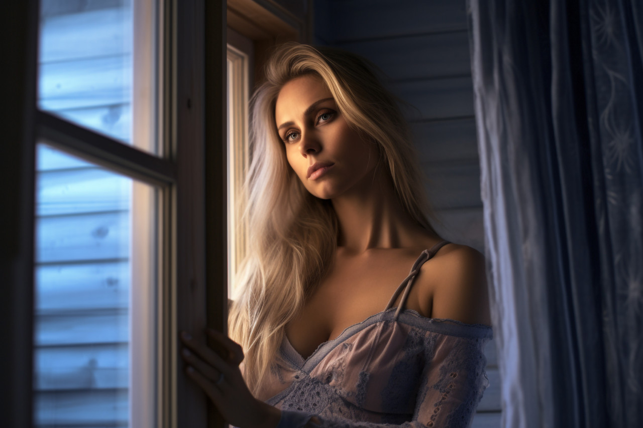 Woman at window in bedroom