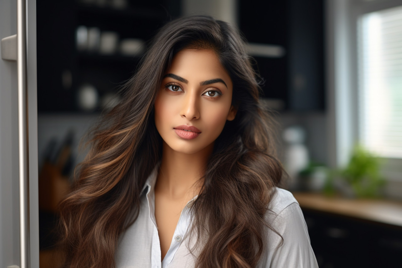 Photo of happy young indian woman in kitchen