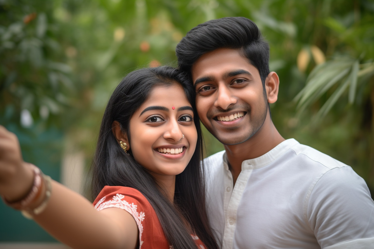 Indian couple takes selfie at home