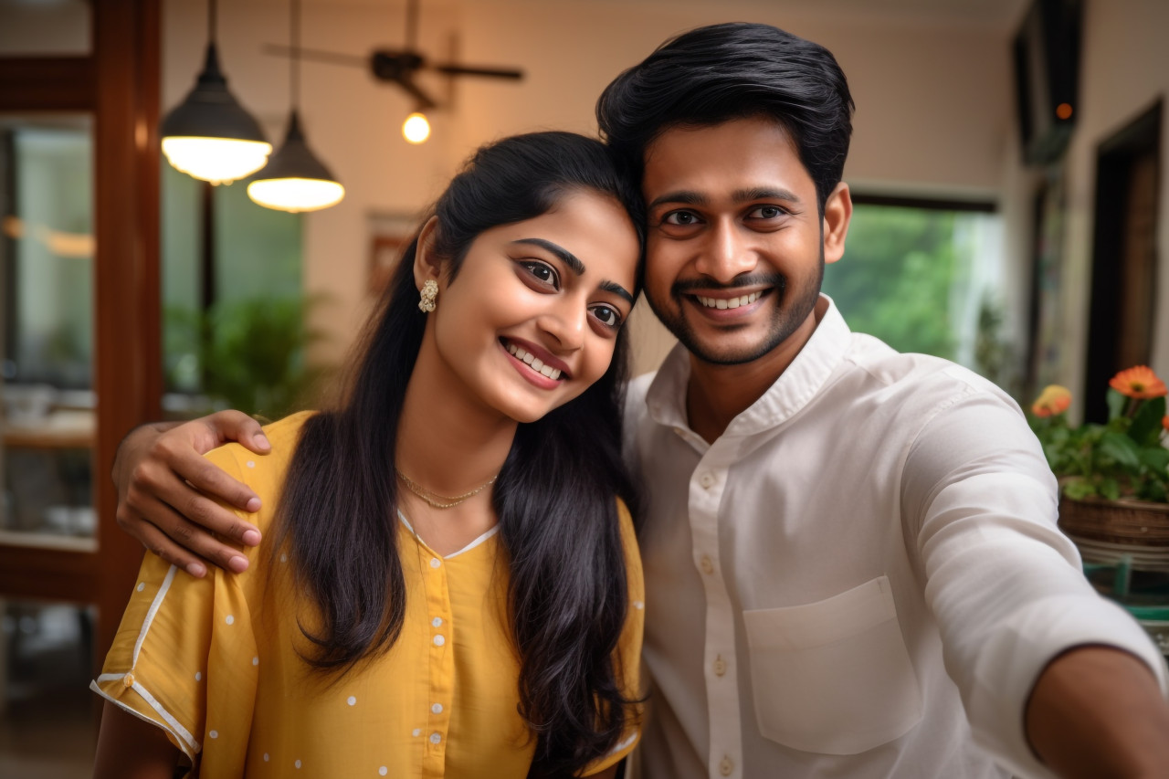 Indian couple takes selfie at home