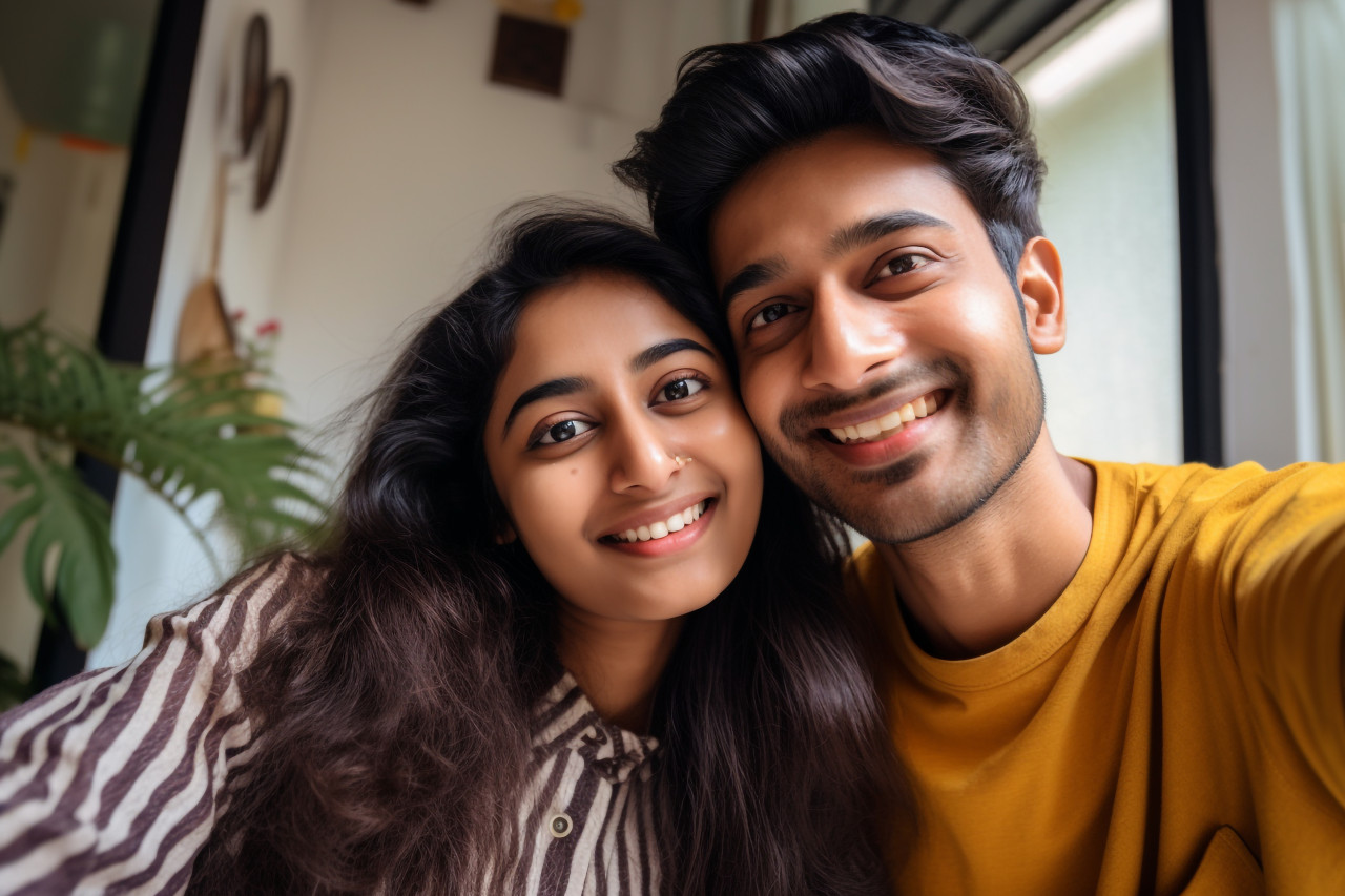 Indian couple takes selfie at home