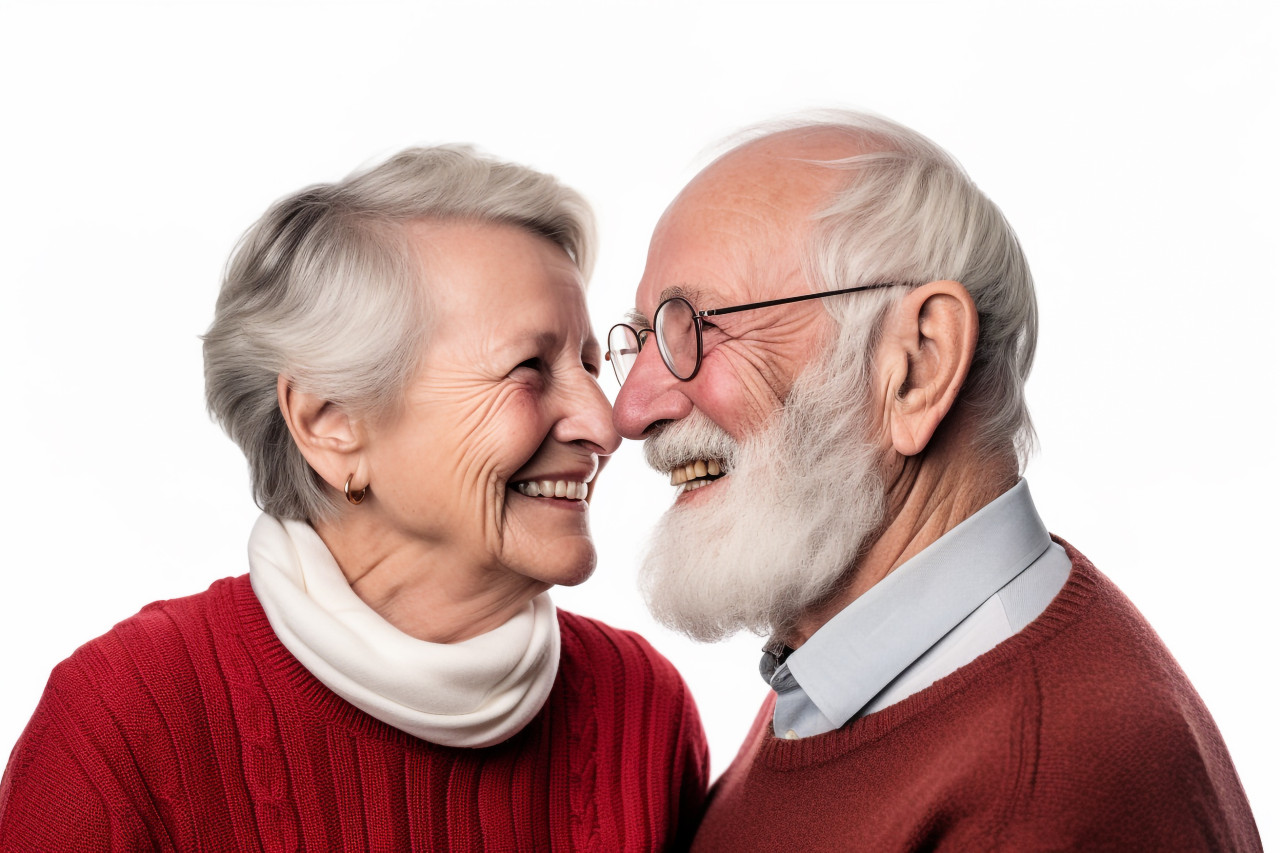 Loving senior couple photo on white