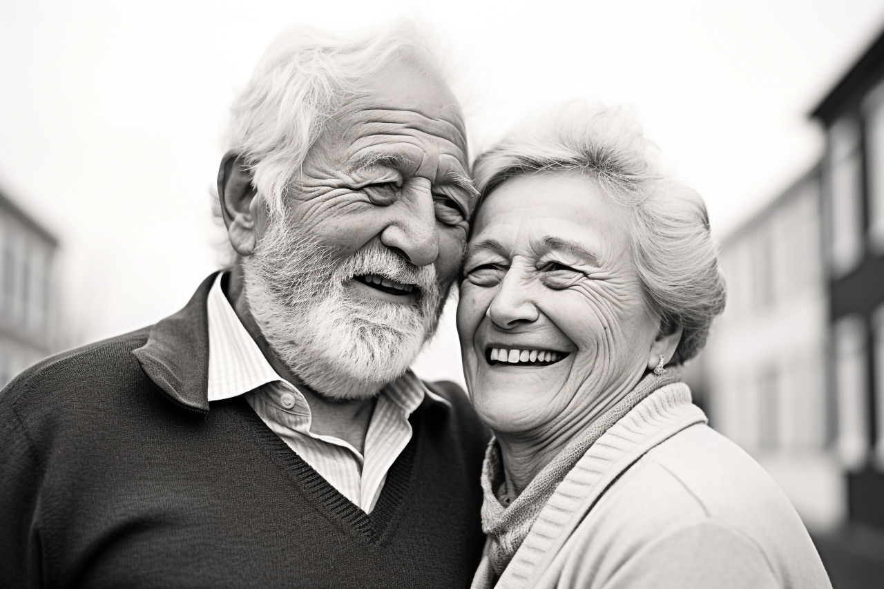 Loving senior couple photo on white