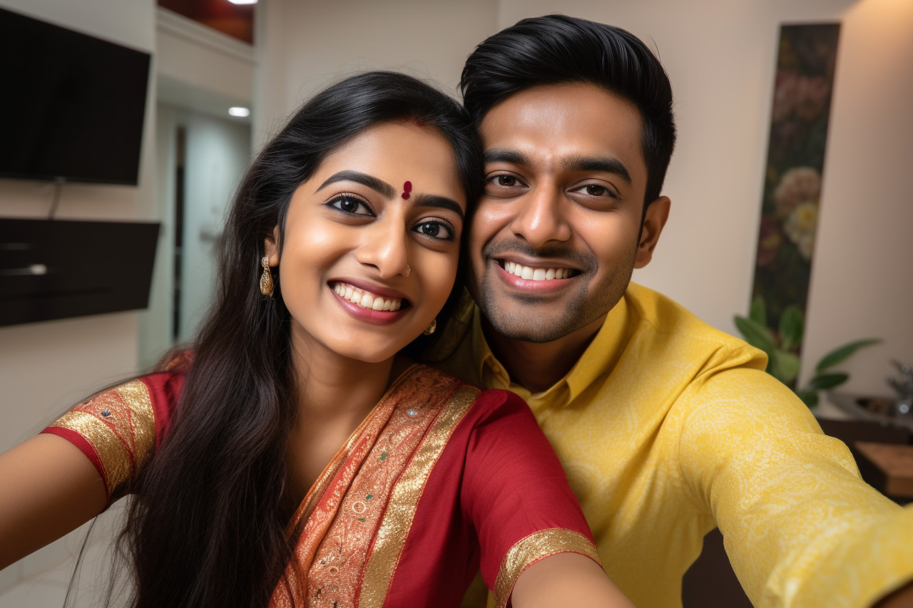 Indian couple takes selfie at home