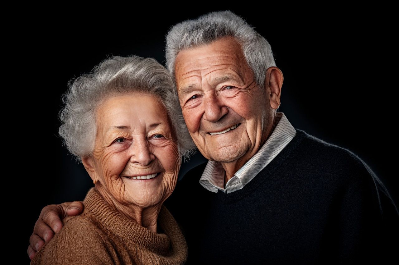 Loving senior couple photo on white