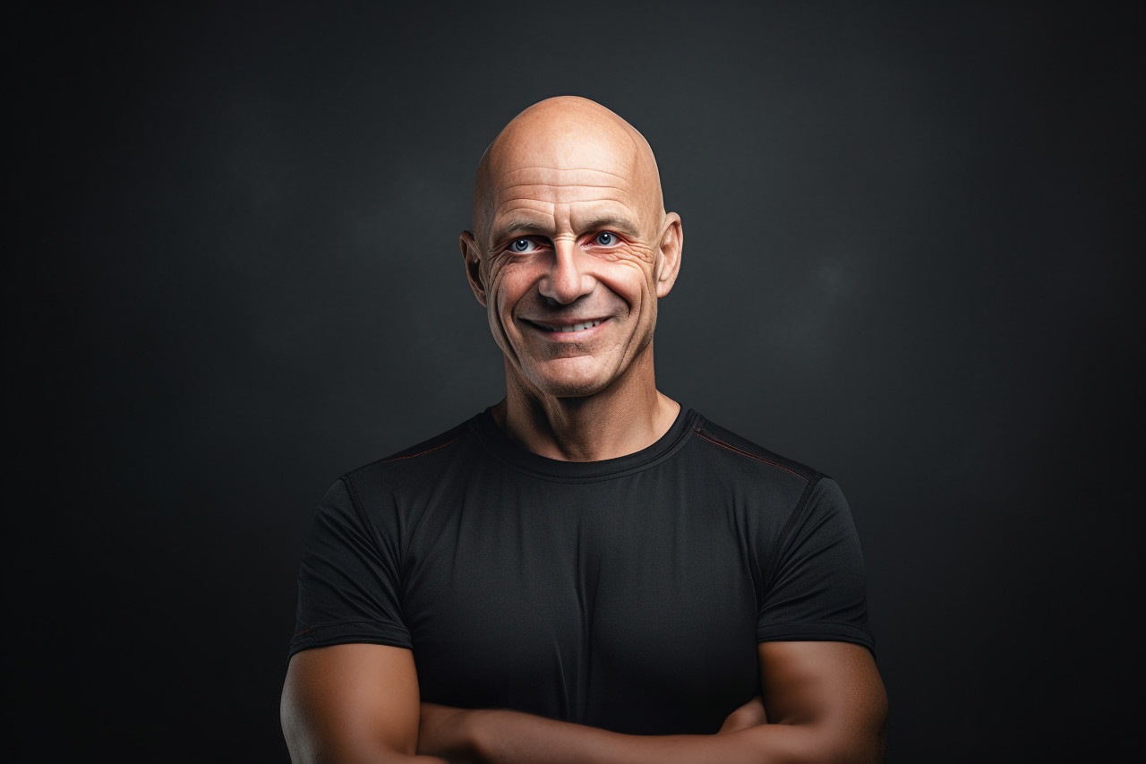 Adult bald man smiles at camera arms crossed