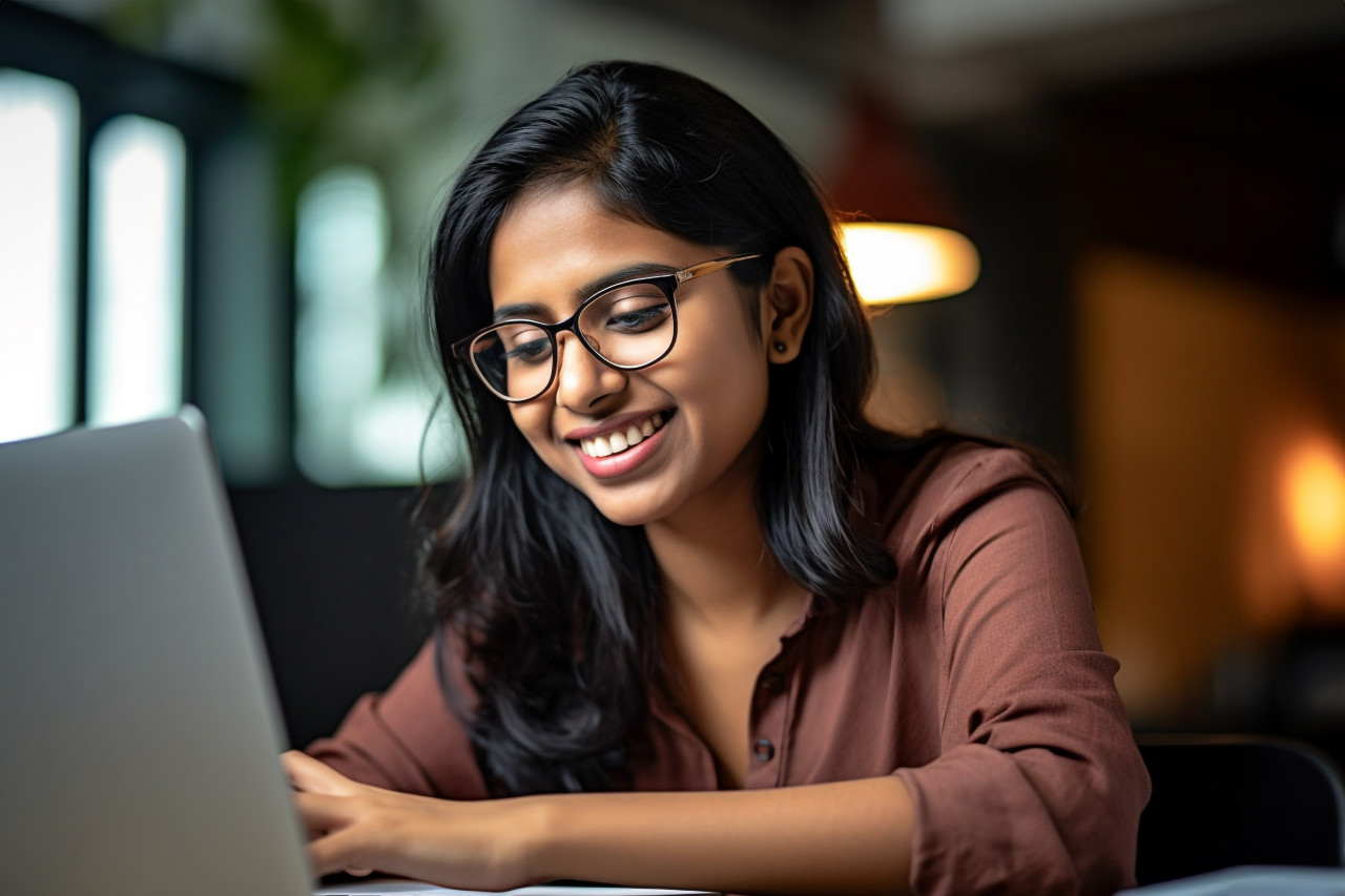 Happy indian woman works at home on laptop