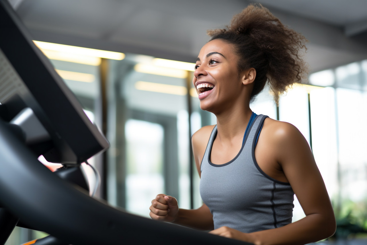 Happy black athlete jogging on treadmill at gym