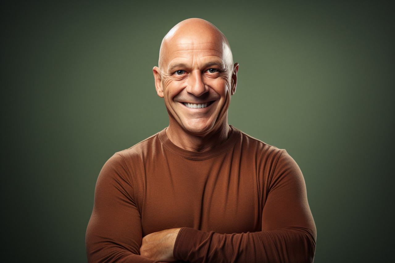 Adult bald man smiles at camera arms crossed