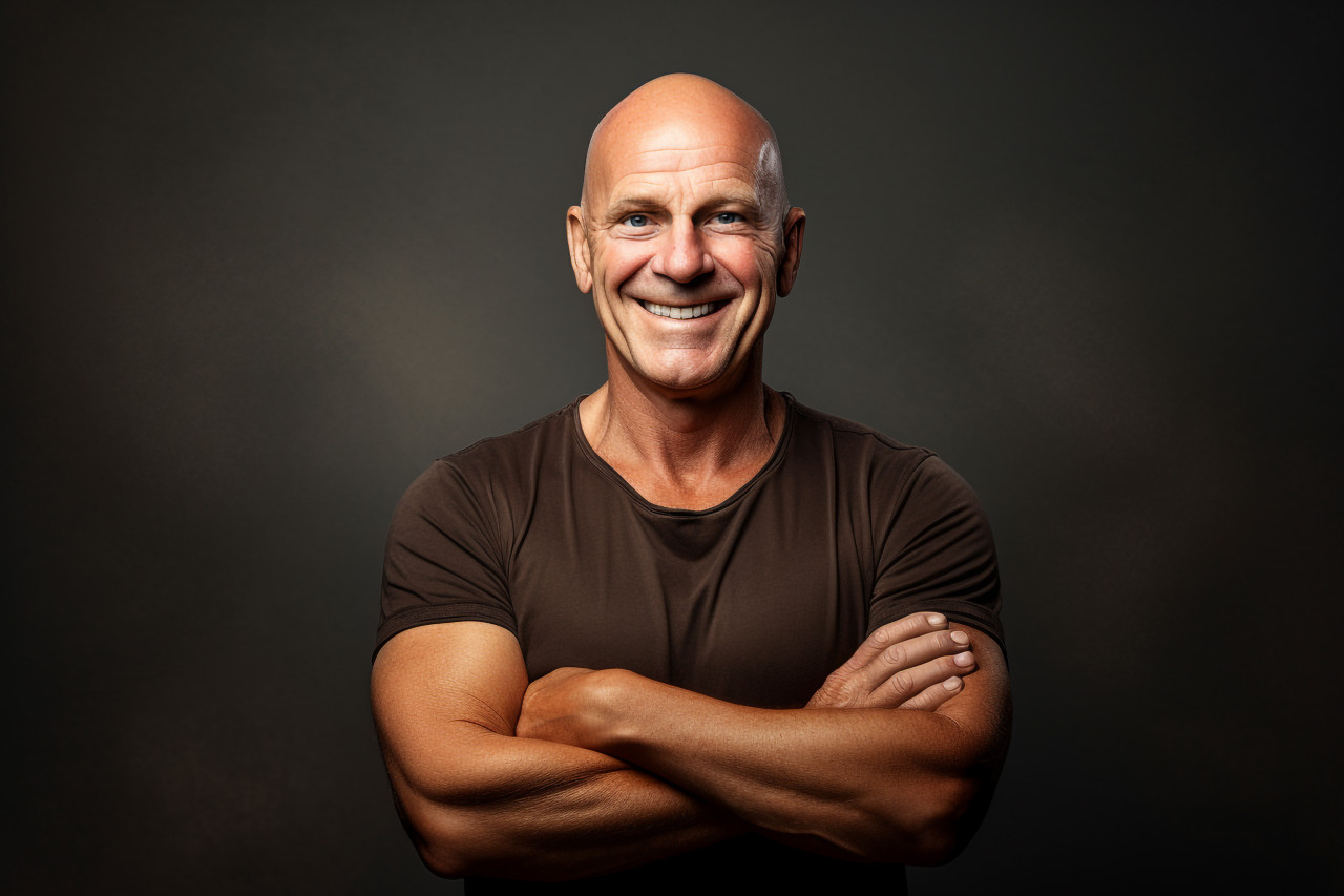 Adult bald man smiles at camera arms crossed
