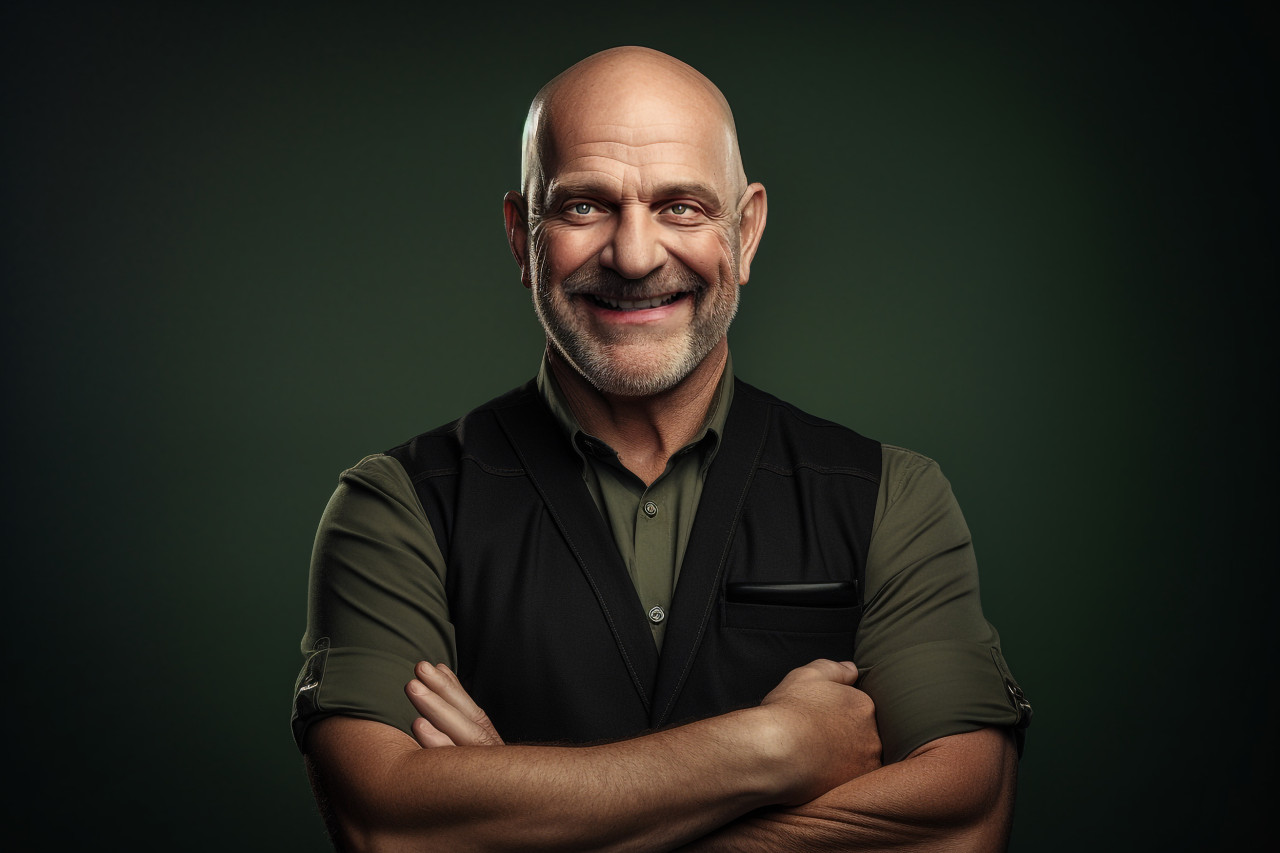 Adult bald man smiles at camera arms crossed