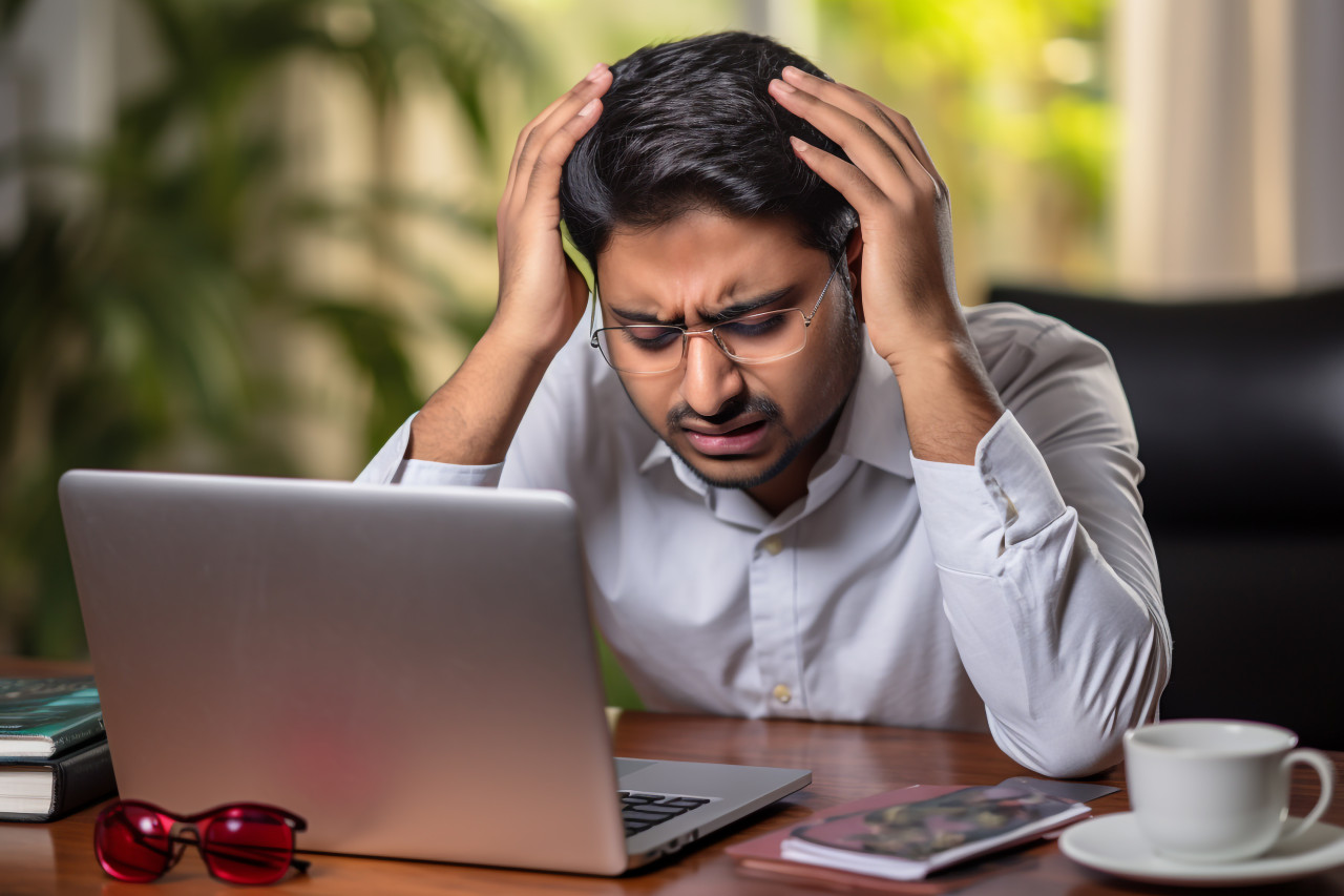 Indian businessman with headache in home office
