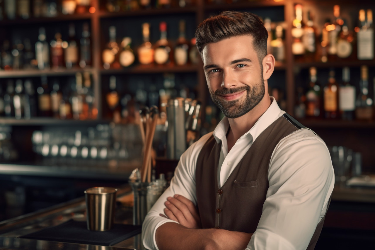 Handsome bartender smiling at camera at bar counter
