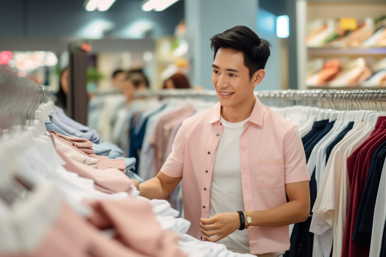 Photo of happy asian male customer shopping in department store wearing smart business shirt