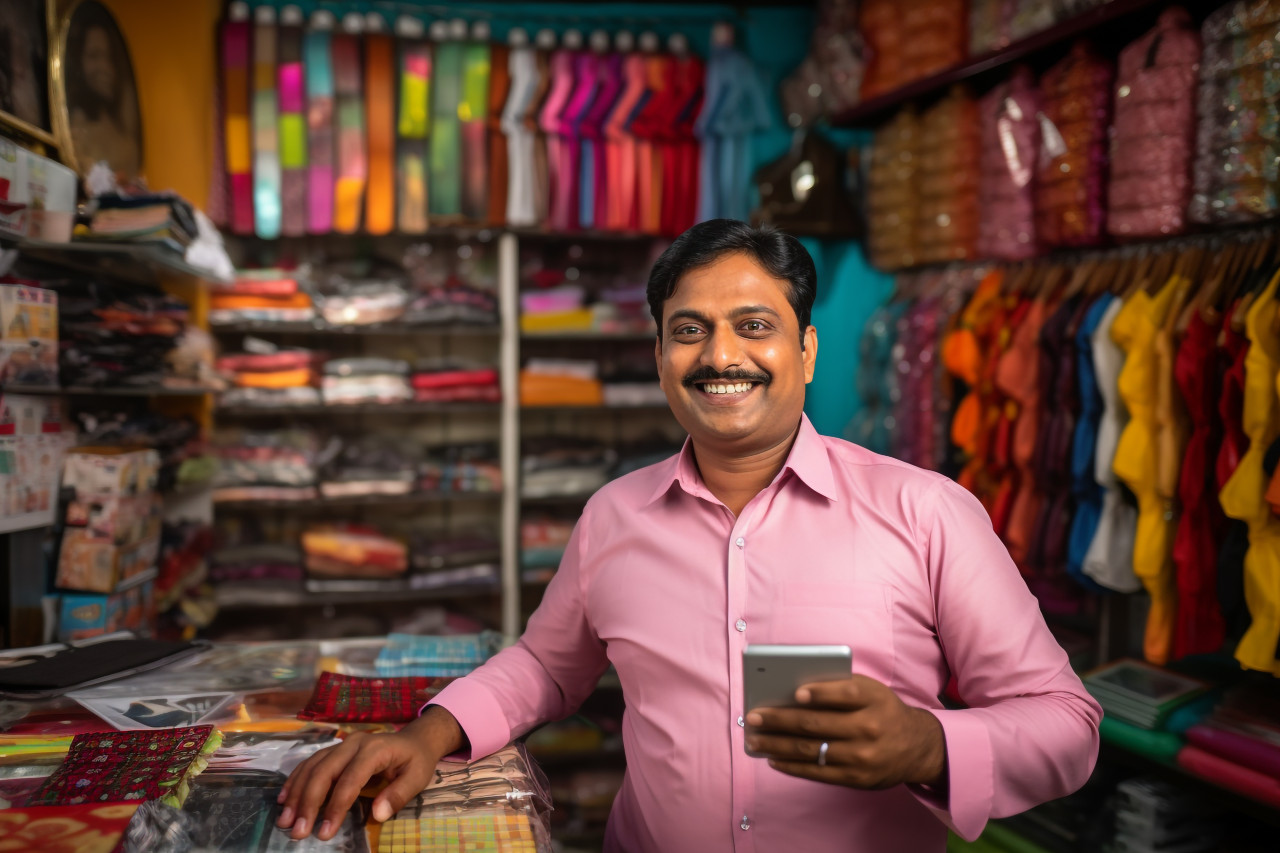 Photo of indian shopkeeper showing phone to camera