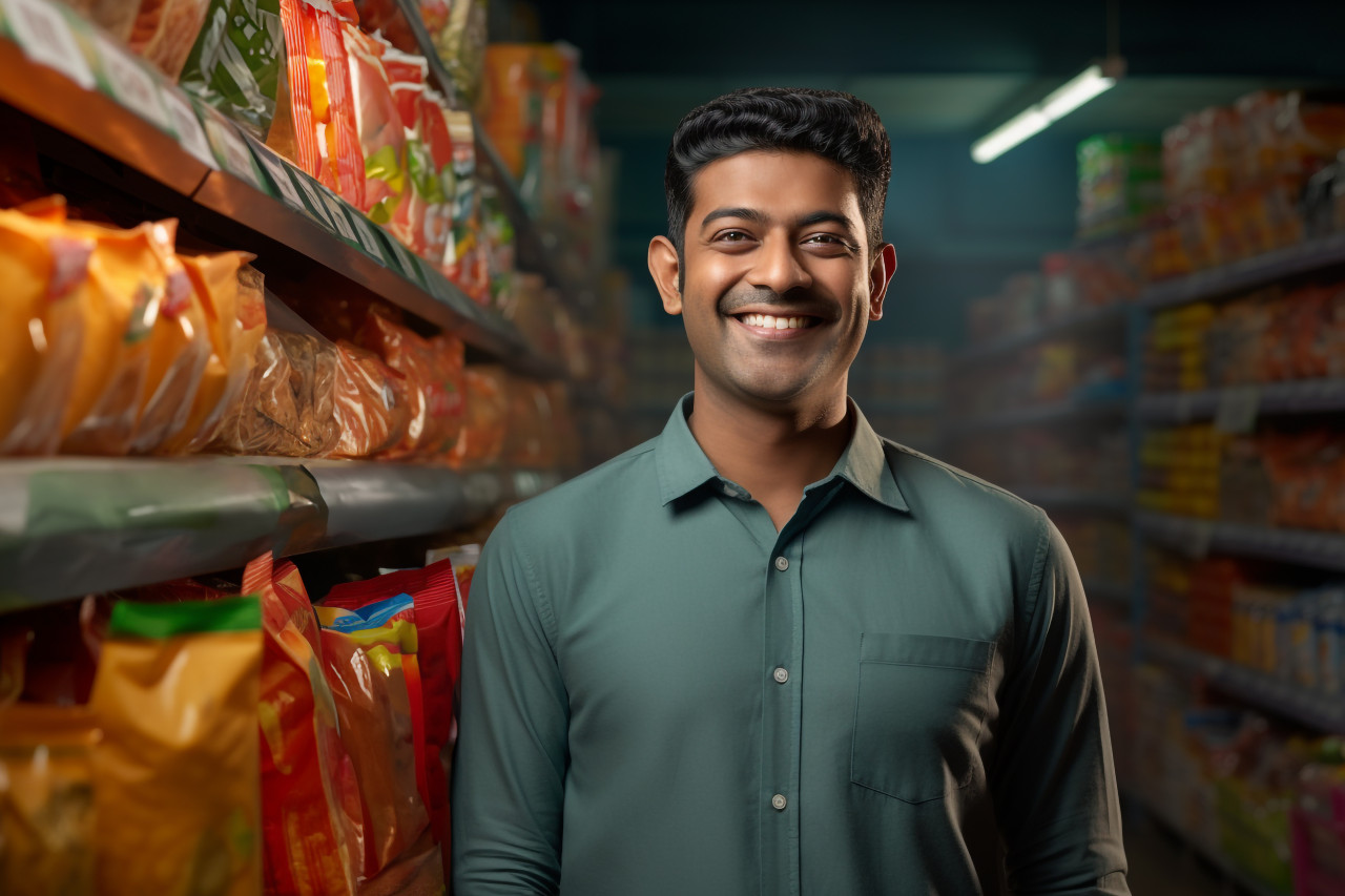 Happy indian man at grocery store