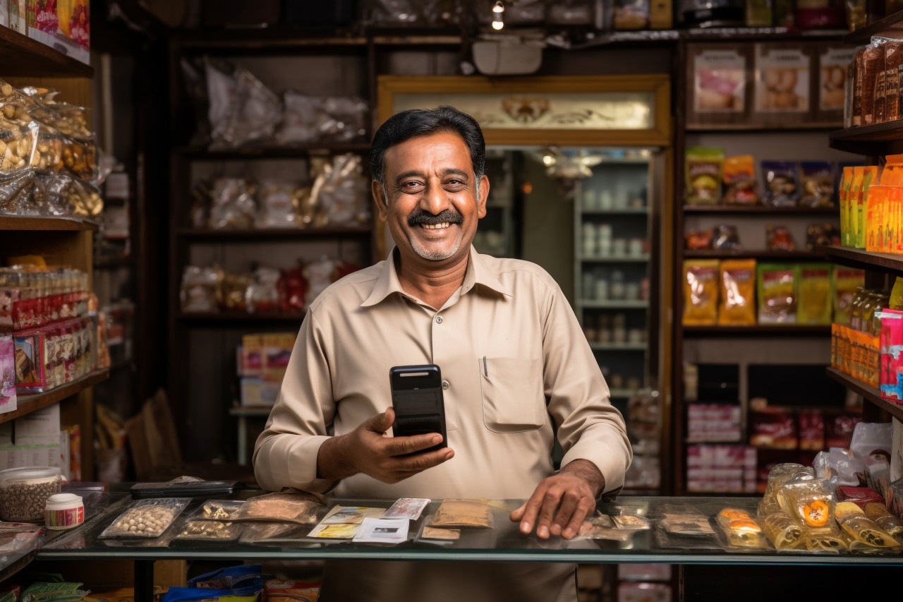 Photo of indian shopkeeper showing phone to camera