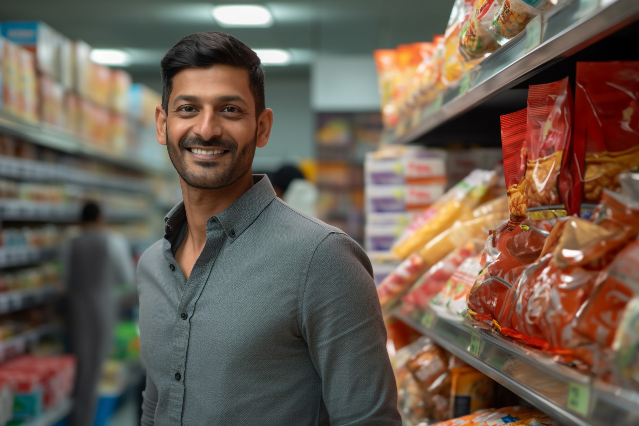 Happy indian man at grocery store