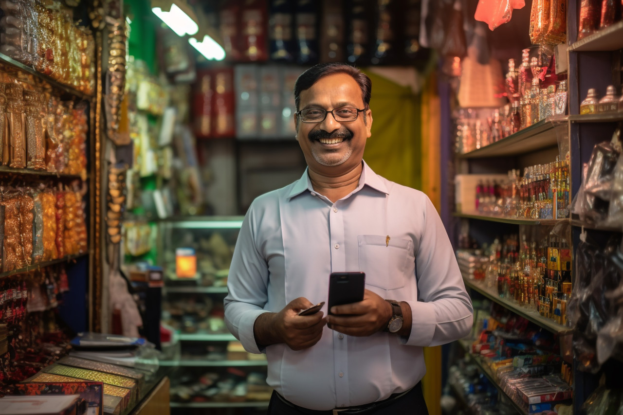 Photo of indian shopkeeper showing phone to camera