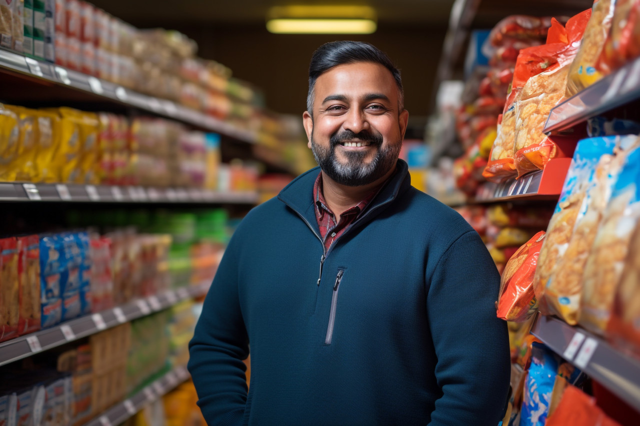 Happy indian man at grocery store