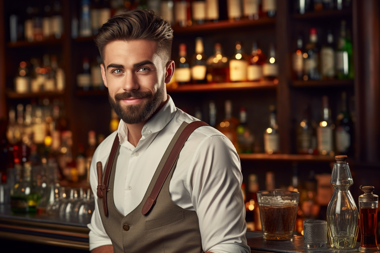 Handsome bartender smiling at camera at bar counter