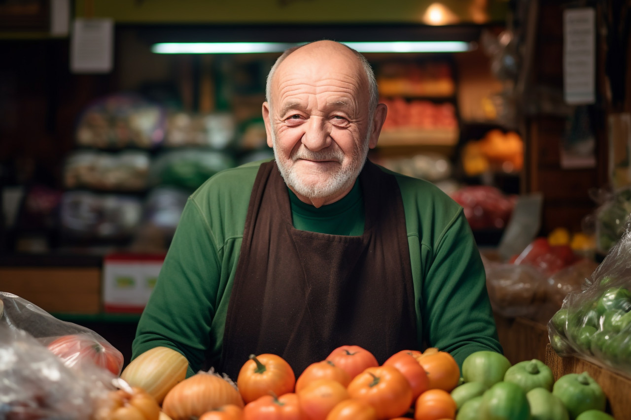 Old greengrocer seller smiling at counter