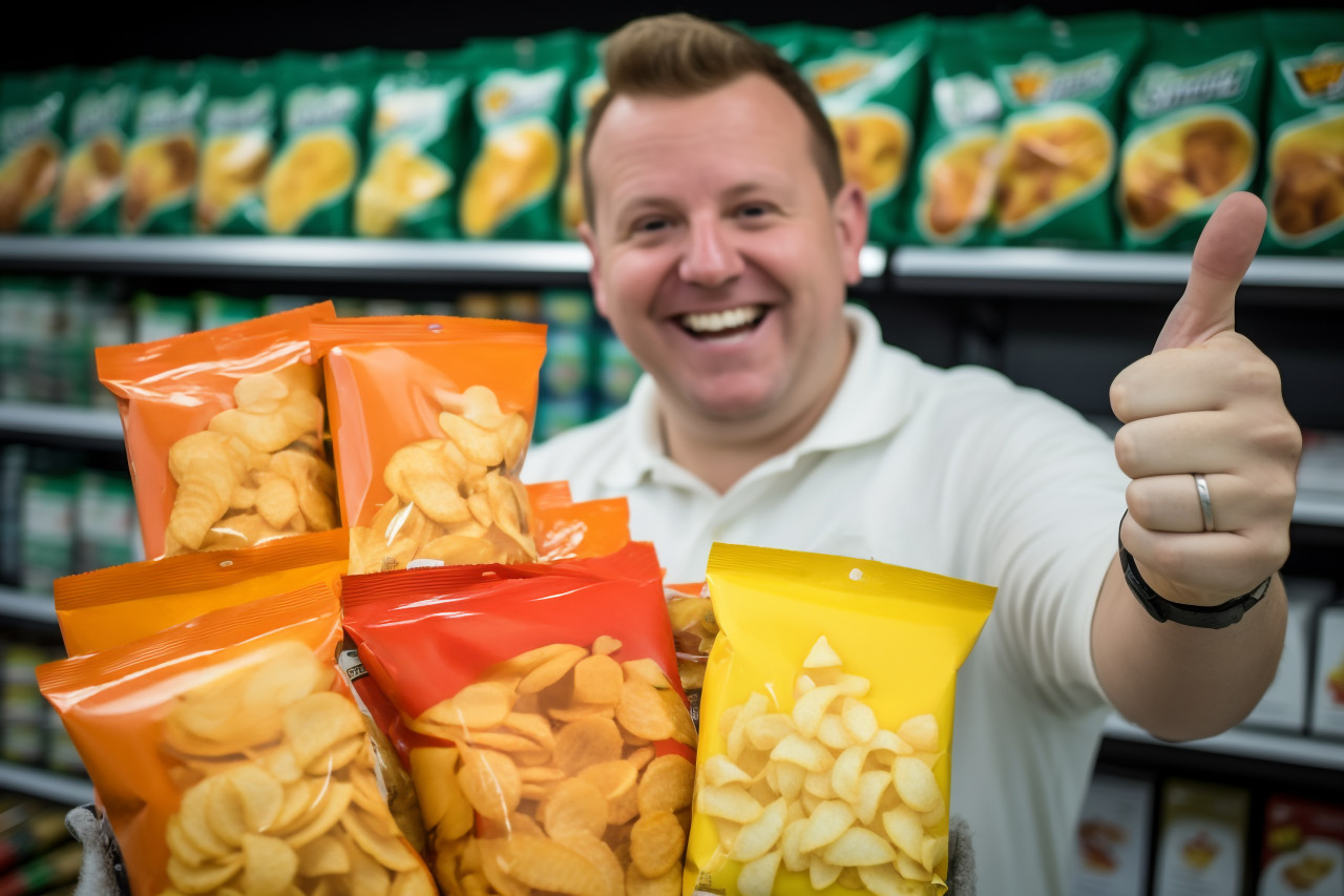 Grocery store salesman gives thumbs up